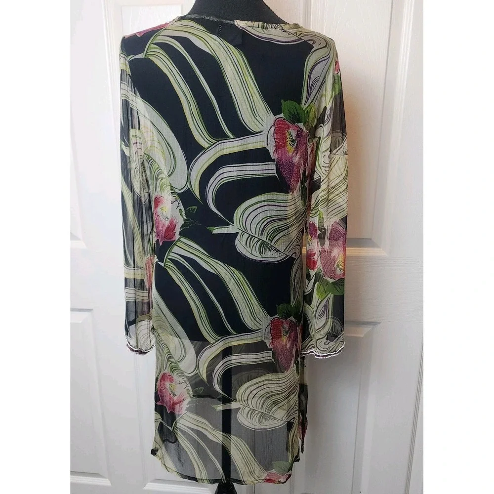 S Embellished Sequin Sheer Cover Up Dress Top Black Floral Resort‎ Cruise Beach